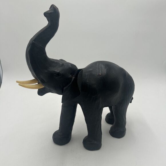 Vintage 12" Leather Wrapped Elephant Black Leather Ears Trunk Up Lucky Decor - Picture 1 of 7